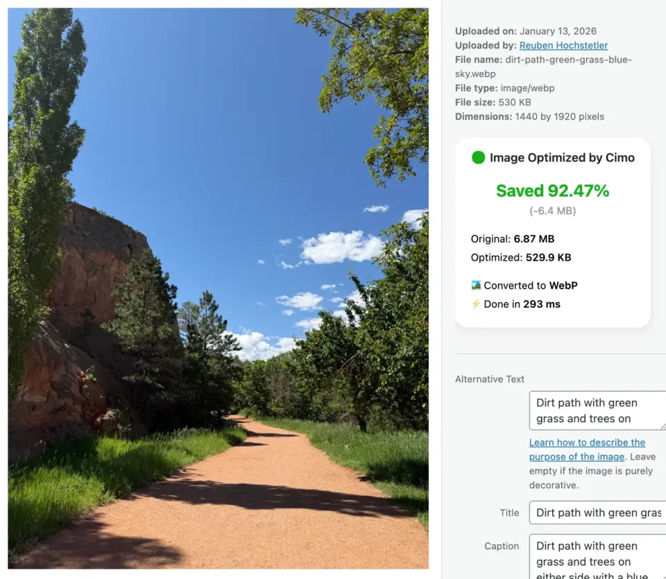 Cimo compressing image on upload showing saved percent