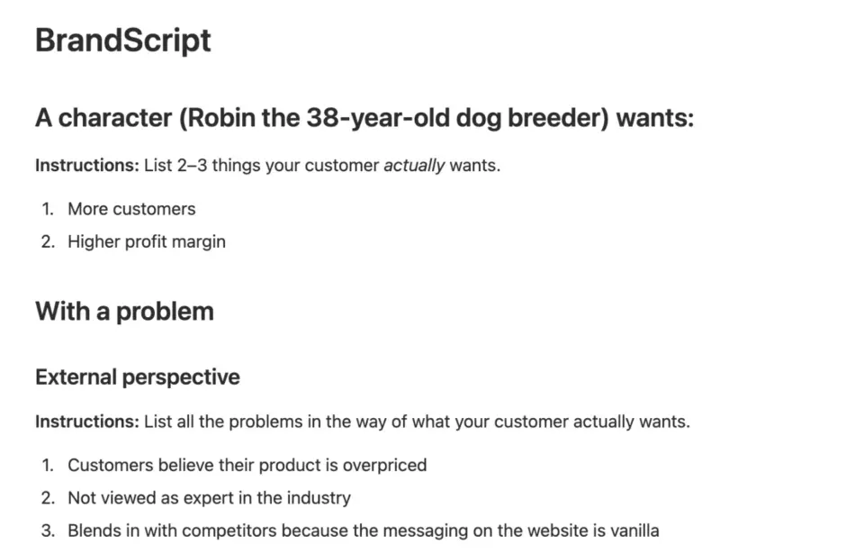 StoryBrand messaging document example