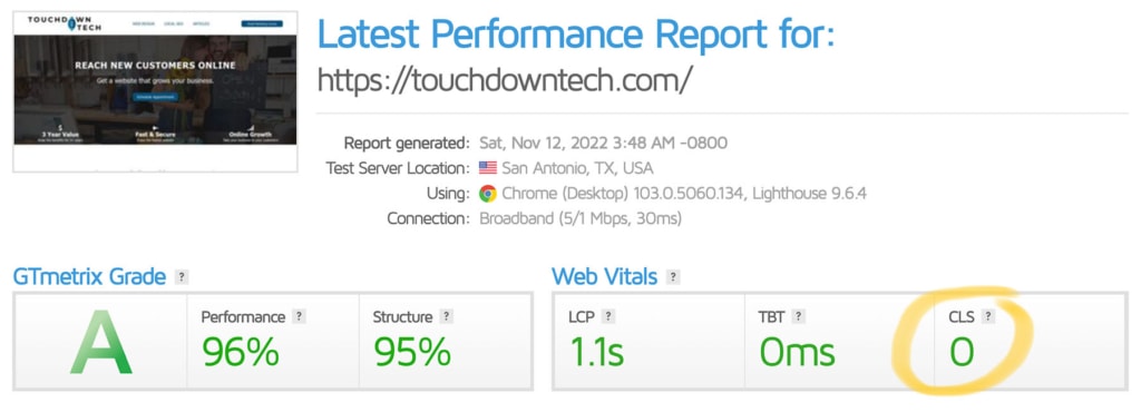 Touchdown Tech CLS on GTmetrix