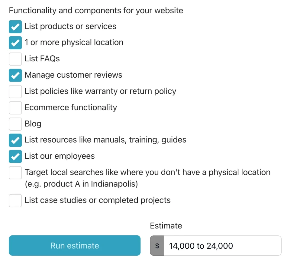 Website price estimator form