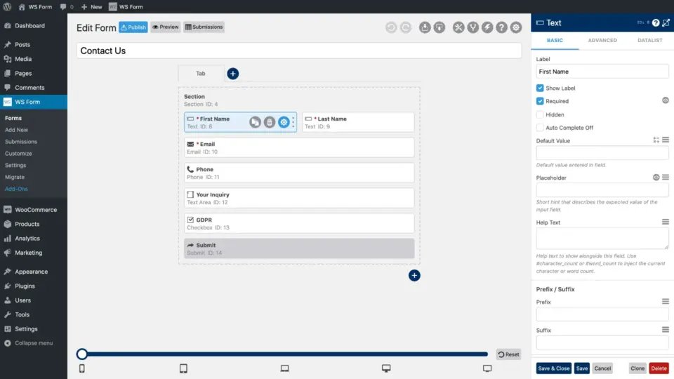 WS Form layout of editor